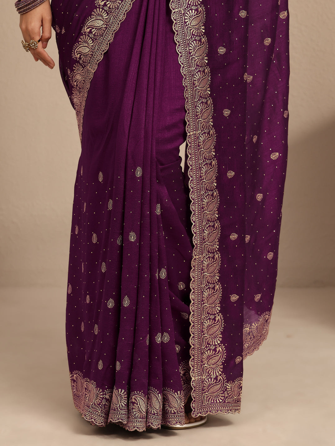  Burgundy Embroidered Silk Blend Saree With Unstitched Blouse Piece 