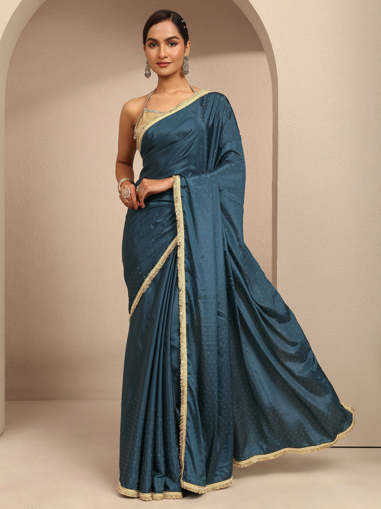 Libas Navy Blue Embellished Silk Blend Saree With Unstitched Blouse Piece