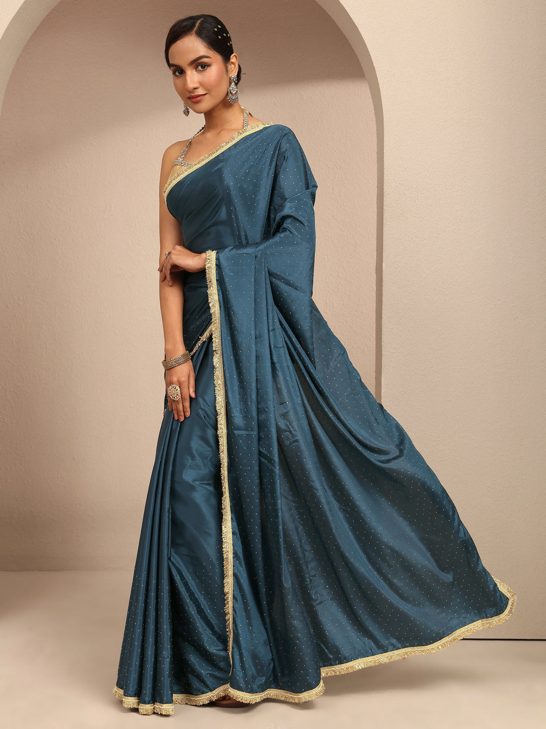  Navy Blue Embellished Silk Blend Saree With Unstitched Blouse Piece 