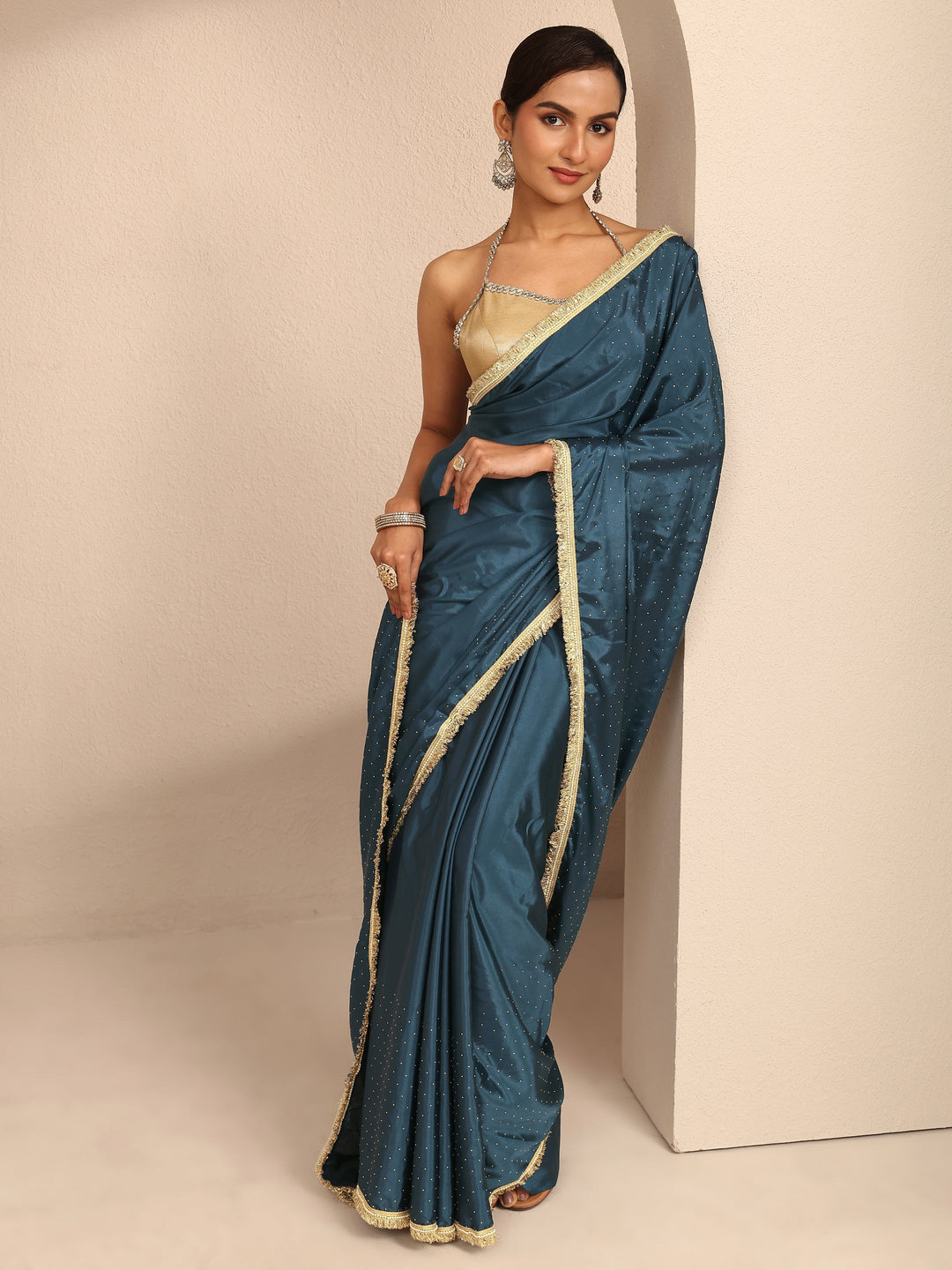  Navy Blue Embellished Silk Blend Saree With Unstitched Blouse Piece 