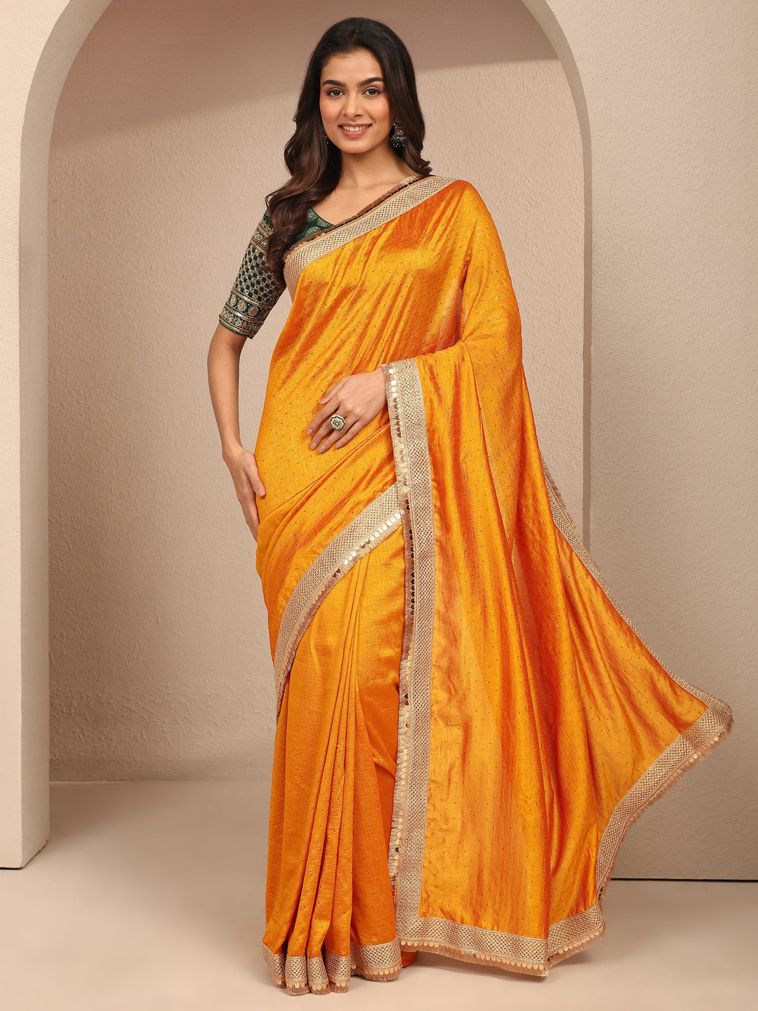  Mustard Embellished Silk Blend Saree With Unstitched Blouse Piece 