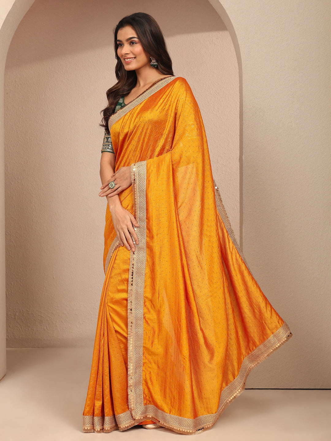  Mustard Embellished Silk Blend Saree With Unstitched Blouse Piece 