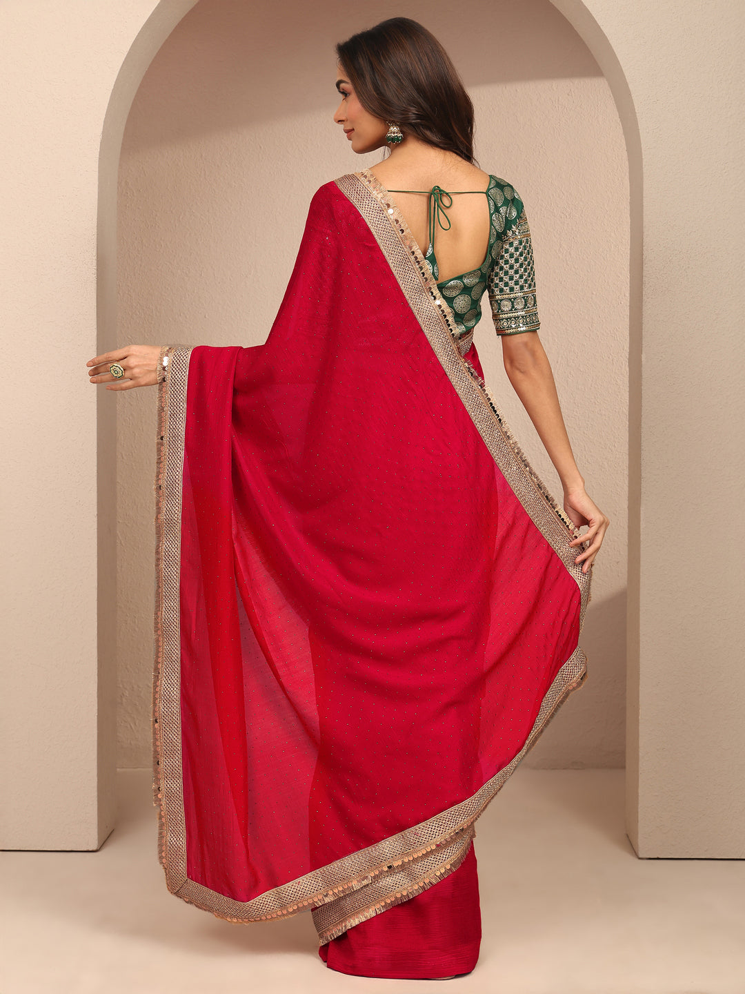  Red Embellished Silk Blend Saree With Unstitched Blouse Piece 