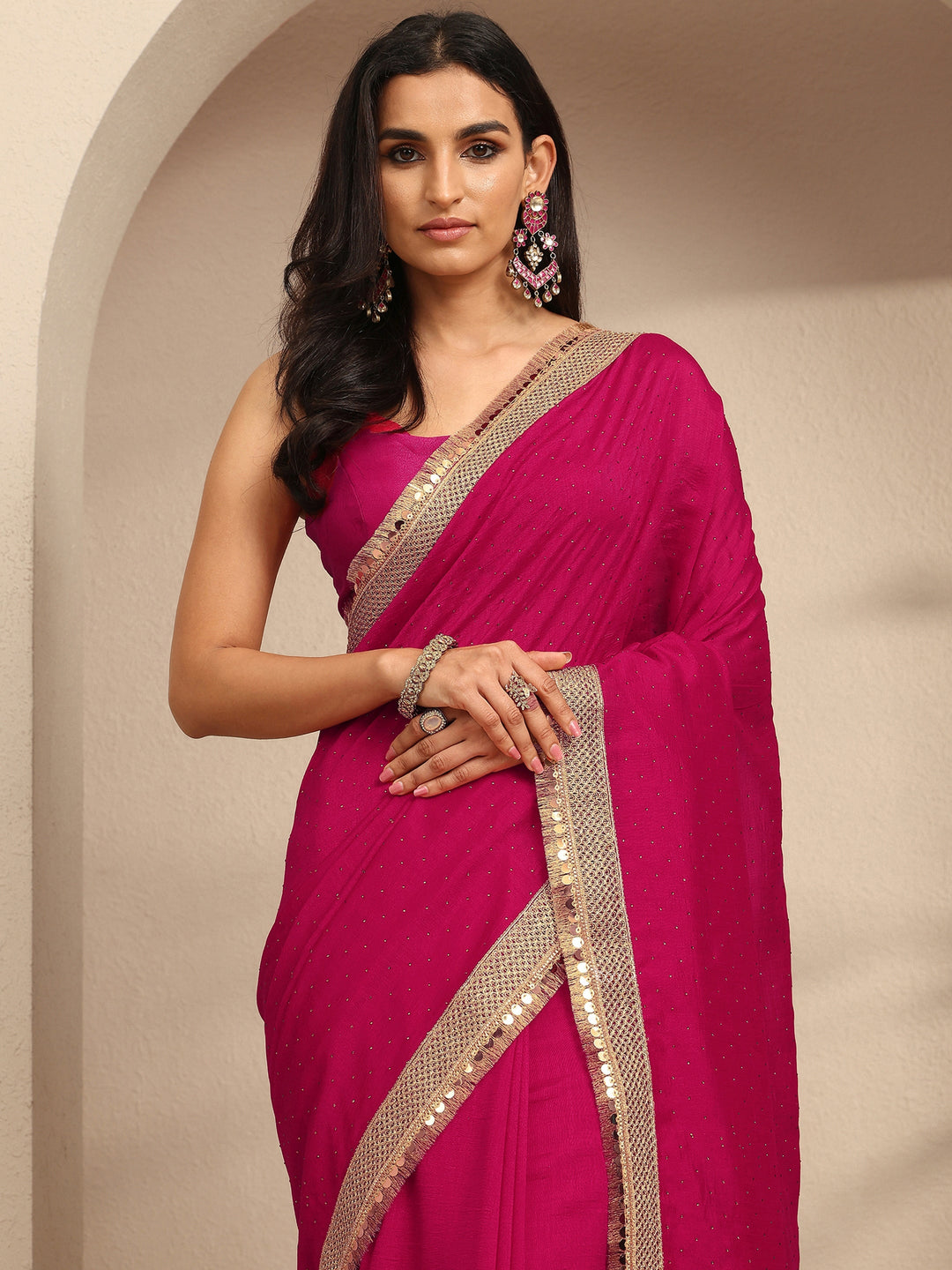  Pink Embellished Silk Blend Saree With Unstitched Blouse Piece 