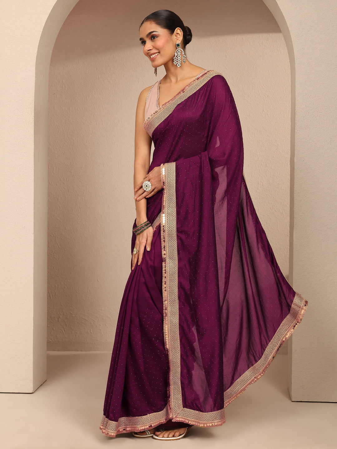  Burgundy Embellished Silk Blend Saree With Unstitched Blouse Piece 