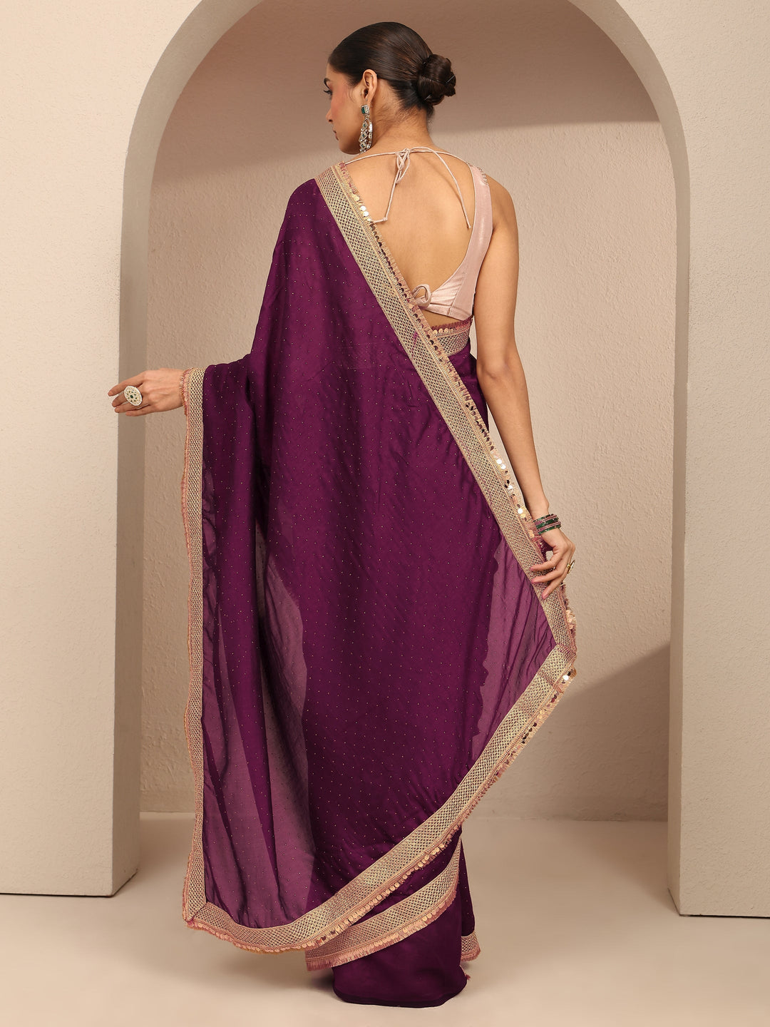  Burgundy Embellished Silk Blend Saree With Unstitched Blouse Piece 