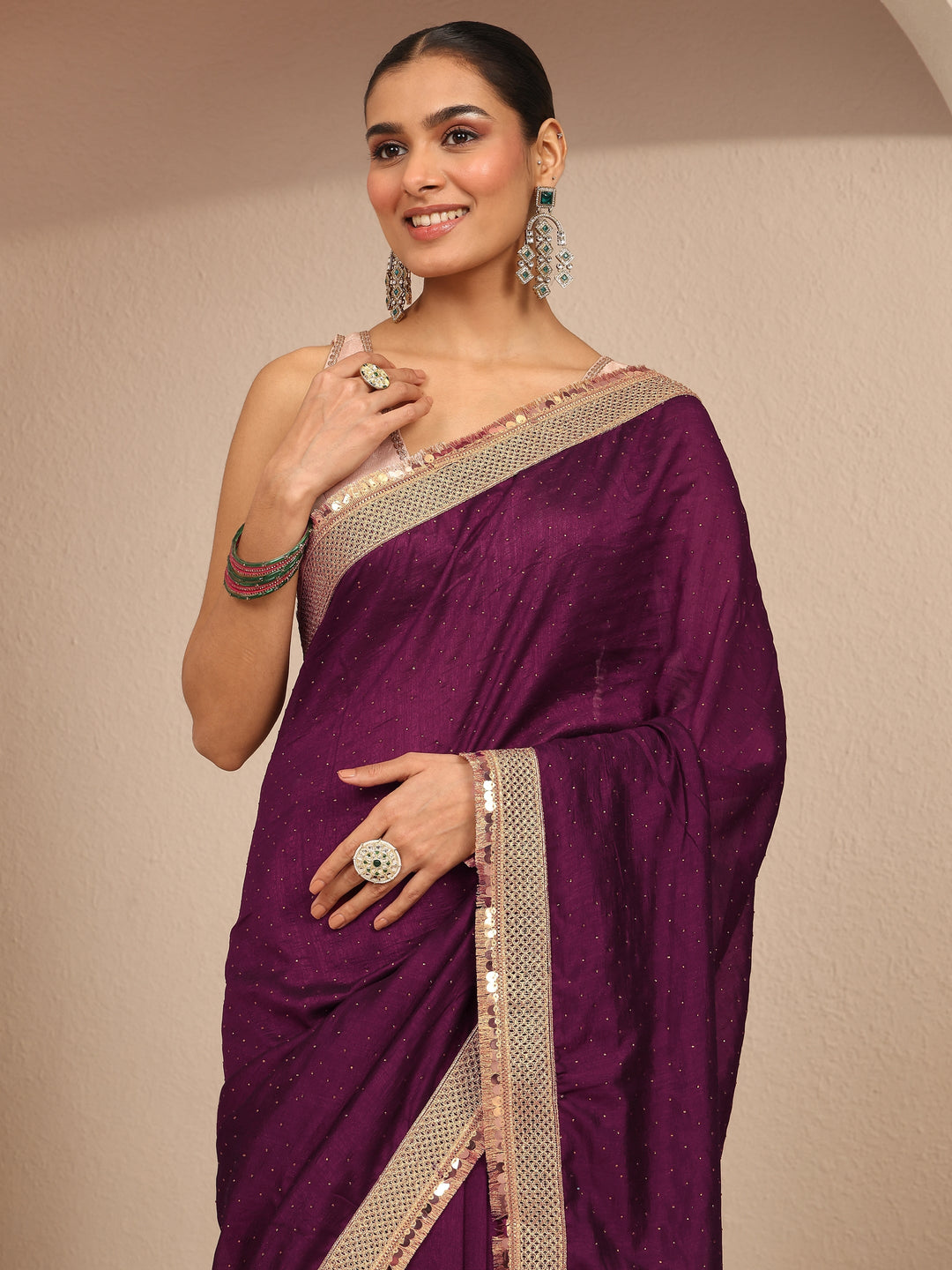  Burgundy Embellished Silk Blend Saree With Unstitched Blouse Piece 