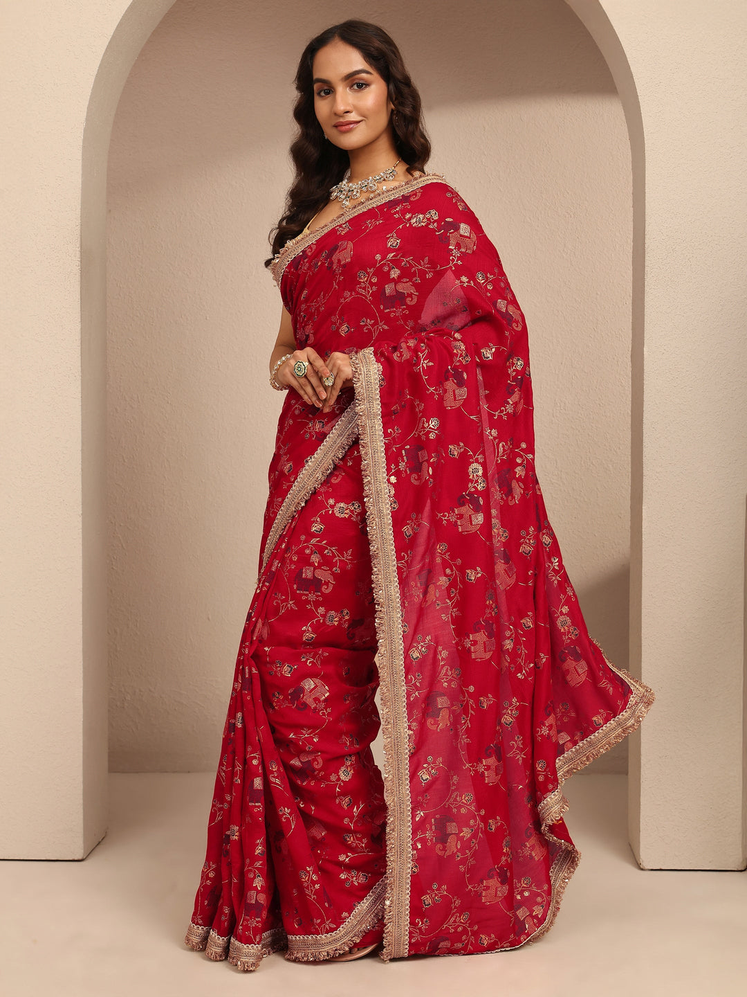  Red Tribal Printed Silk Blend Saree With Unstitched Blouse Piece 