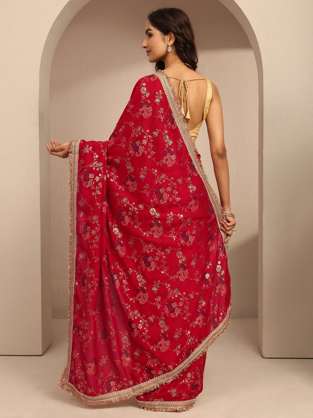  Red Tribal Printed Silk Blend Saree With Unstitched Blouse Piece 