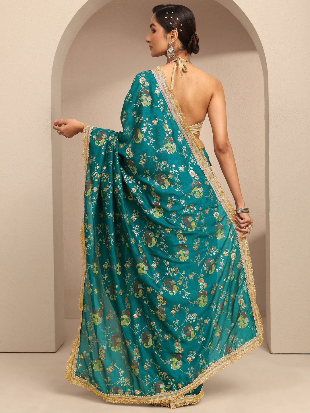  Blue Tribal Printed Silk Blend Saree With Unstitched Blouse Piece 