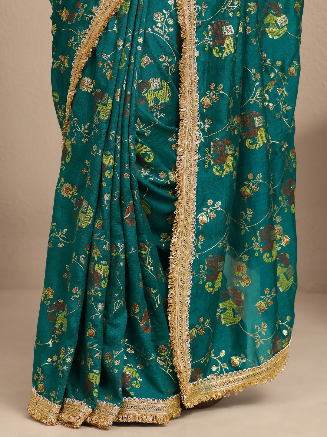  Blue Tribal Printed Silk Blend Saree With Unstitched Blouse Piece 