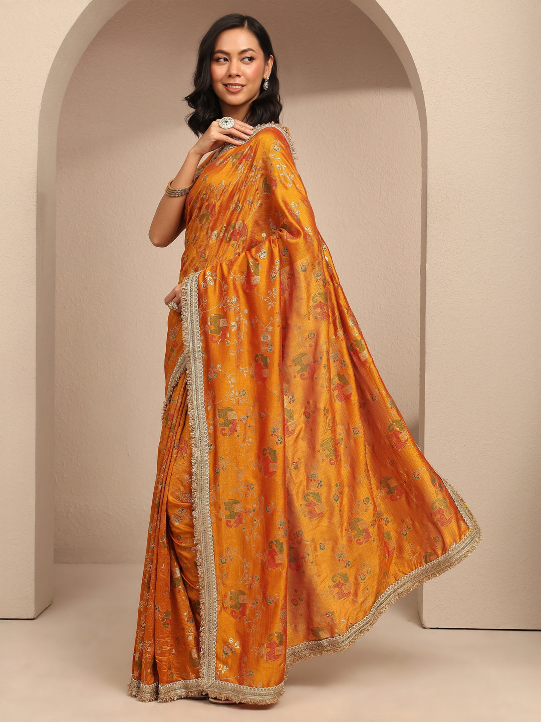  Mustard Tribal Printed Silk Blend Saree With Unstitched Blouse Piece 