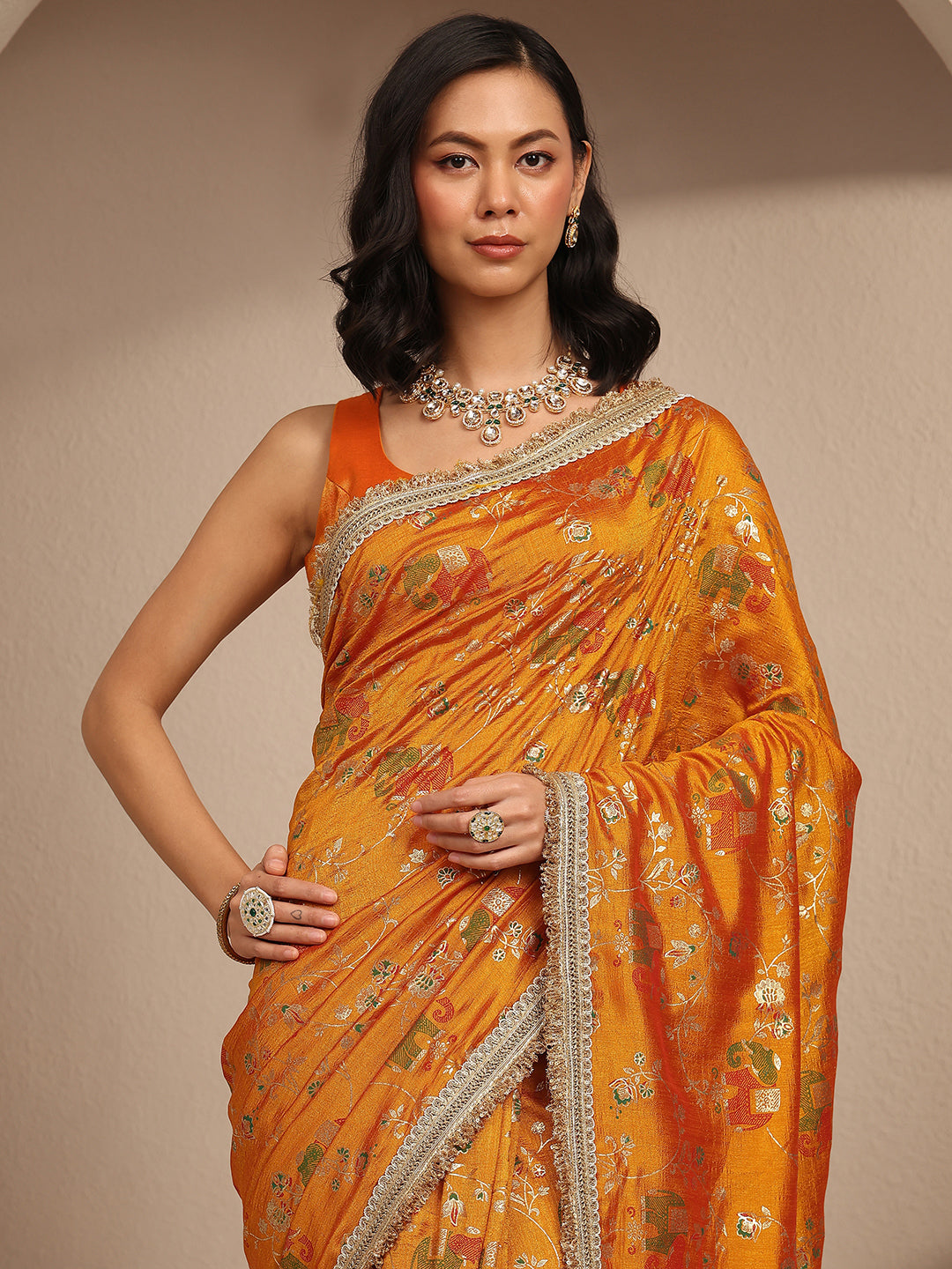 Mustard Tribal Printed Silk Blend Saree With Unstitched Blouse Piece 