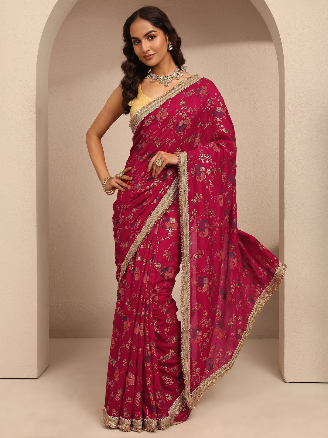  Pink Tribal Printed Silk Blend Saree With Unstitched Blouse Piece 