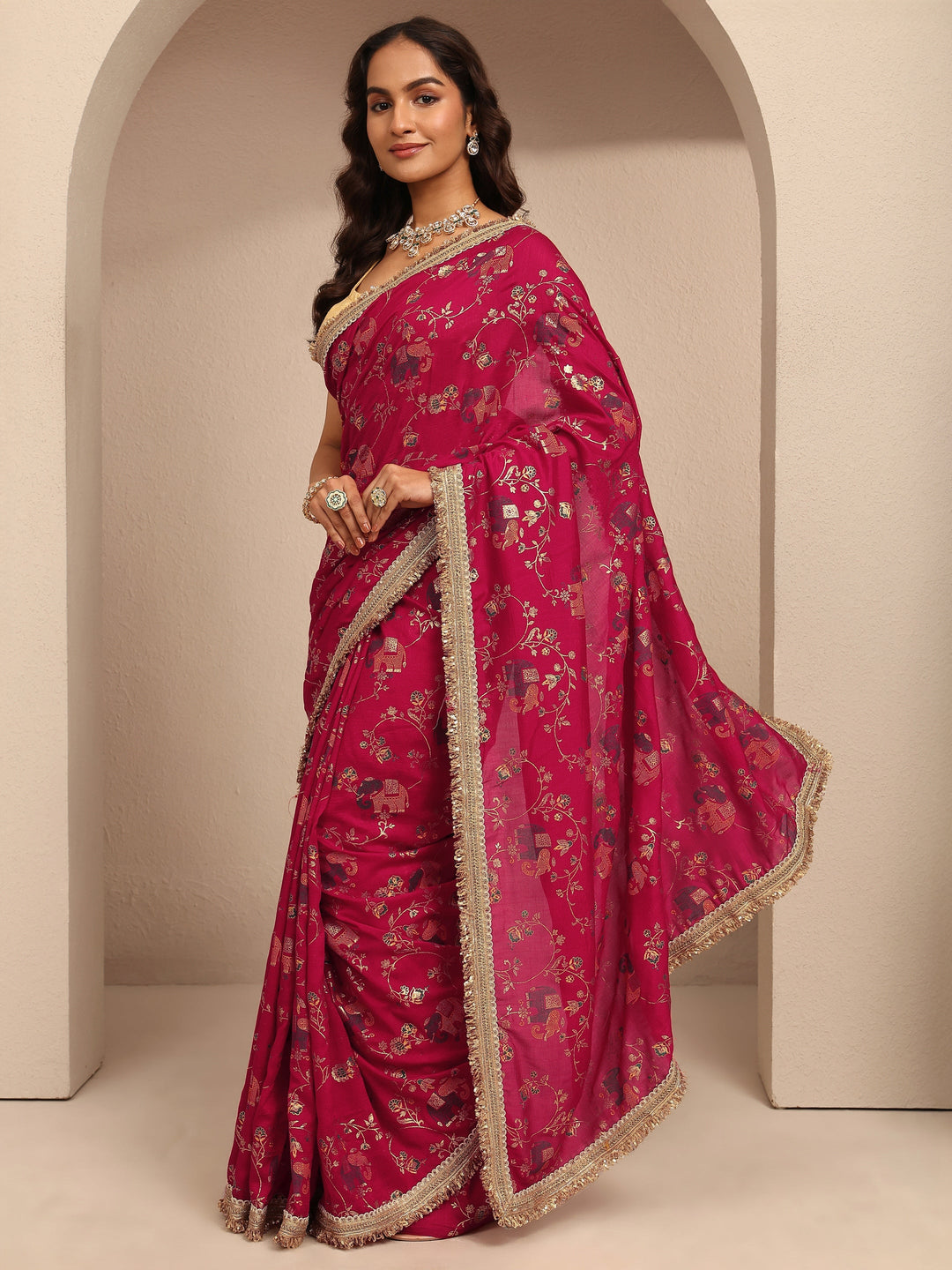  Pink Tribal Printed Silk Blend Saree With Unstitched Blouse Piece 