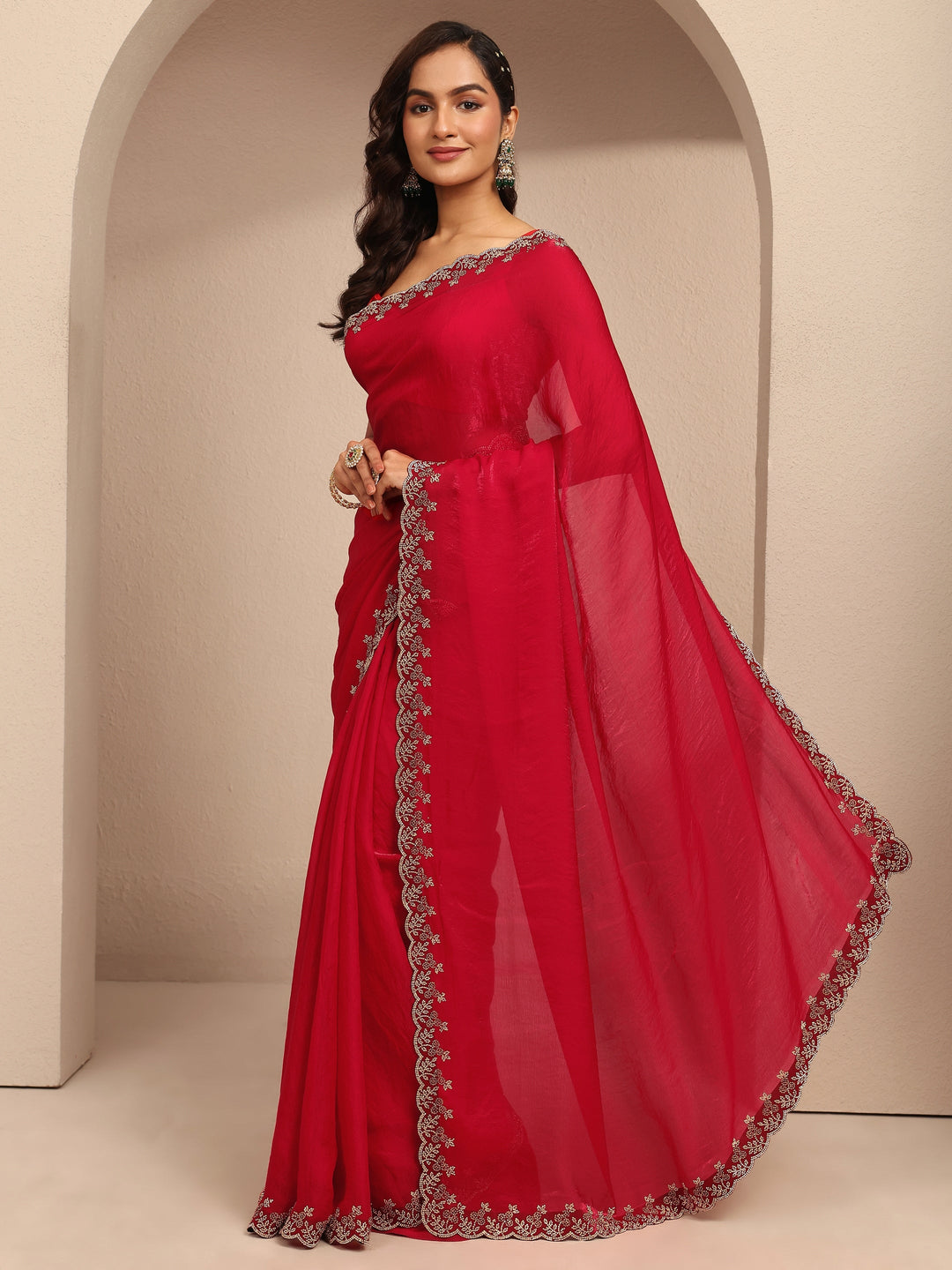  Red Solid Silk Blend Saree With Unstitched Blouse Piece 