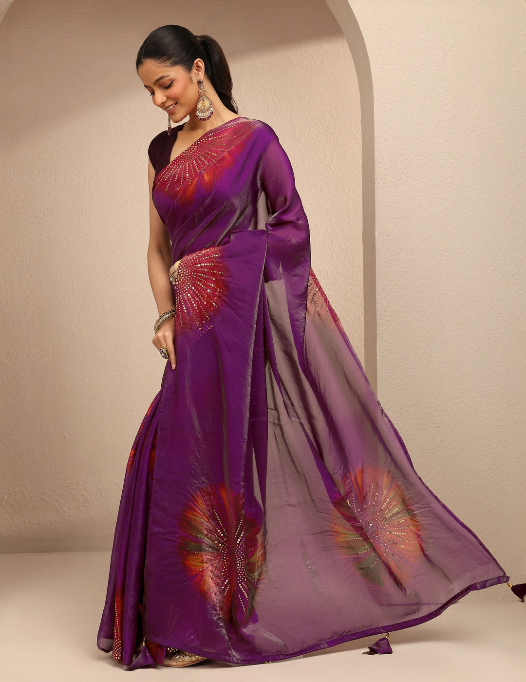  Purple Geometric Embellished Silk Blend Saree With Unstitched Blouse Piece 