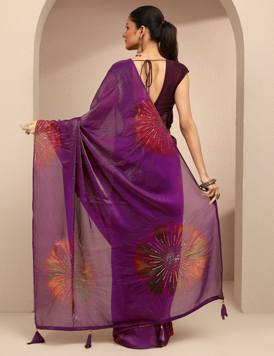  Purple Geometric Embellished Silk Blend Saree With Unstitched Blouse Piece 
