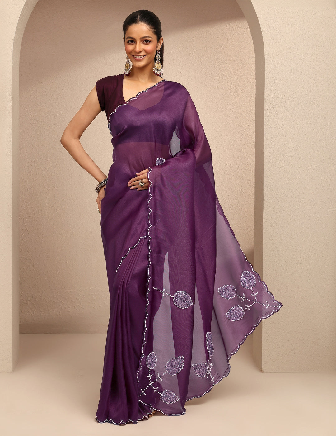  Purple Embellished Silk Blend Saree With Unstitched Blouse Piece 