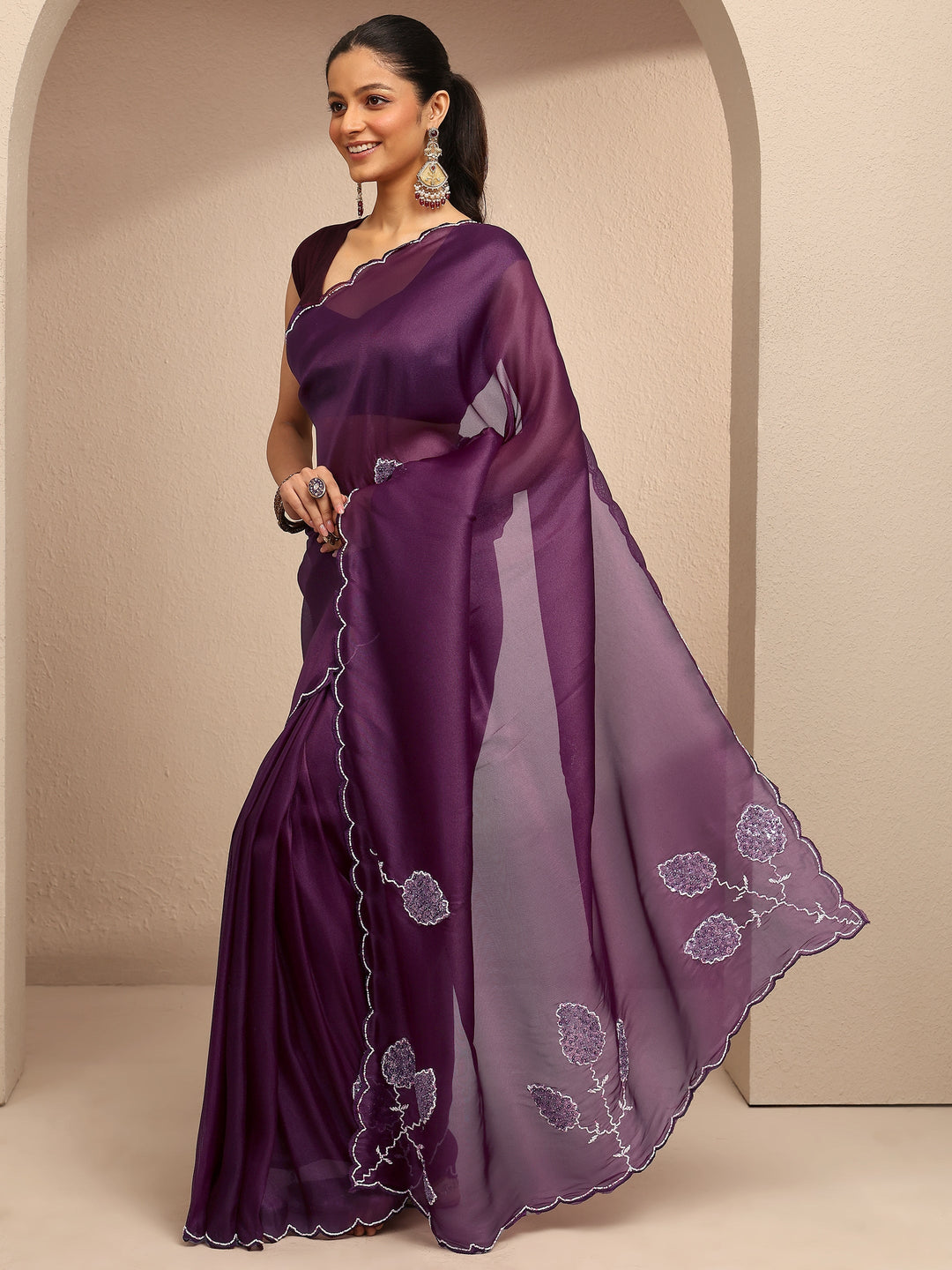  Purple Embellished Silk Blend Saree With Unstitched Blouse Piece 