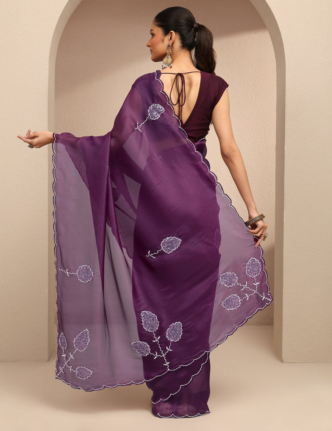  Purple Embellished Silk Blend Saree With Unstitched Blouse Piece 