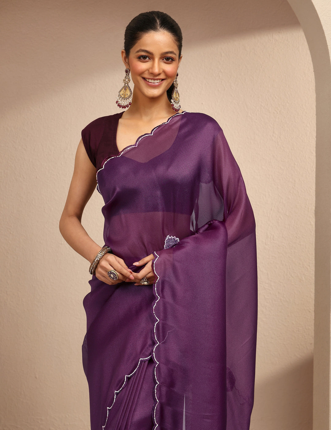  Purple Embellished Silk Blend Saree With Unstitched Blouse Piece 