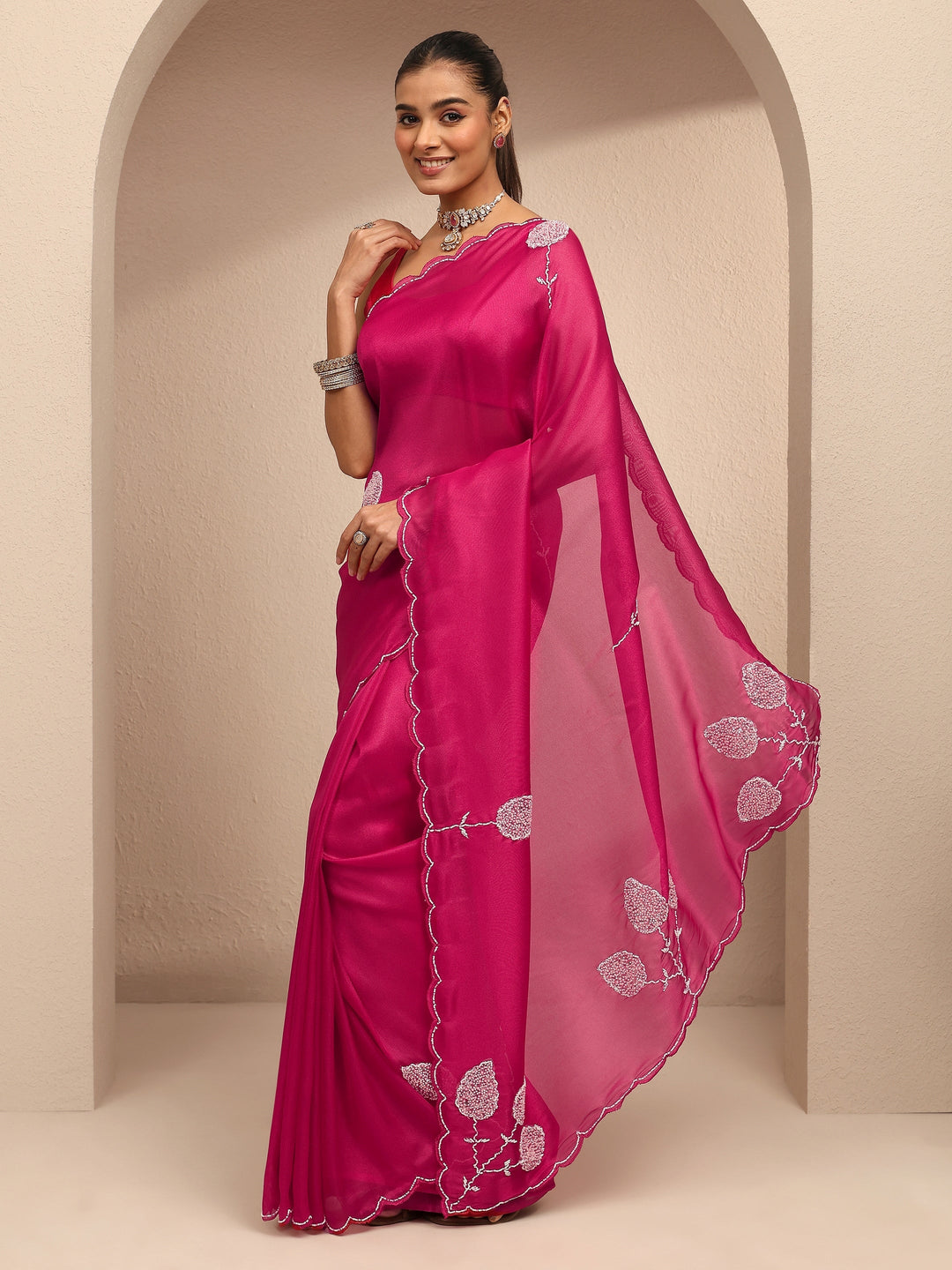  Pink Embellished Silk Blend Saree With Unstitched Blouse Piece 