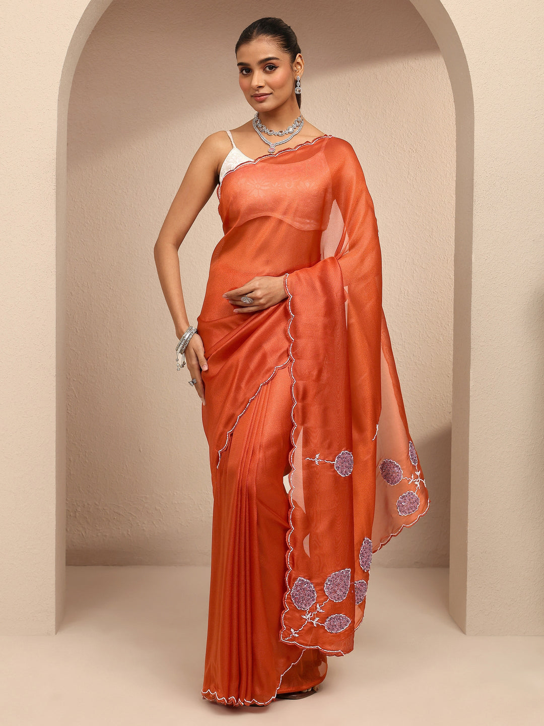  Rust Embellished Silk Blend Saree With Unstitched Blouse Piece 