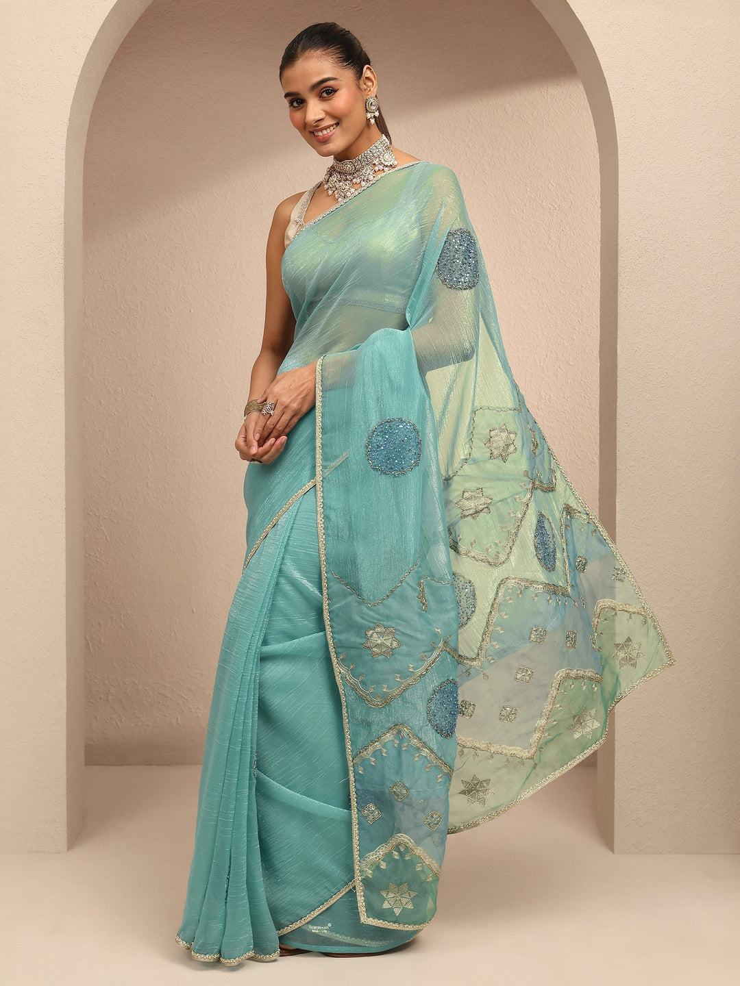  Blue Embellished Silk Blend Saree With Unstitched Blouse Piece 