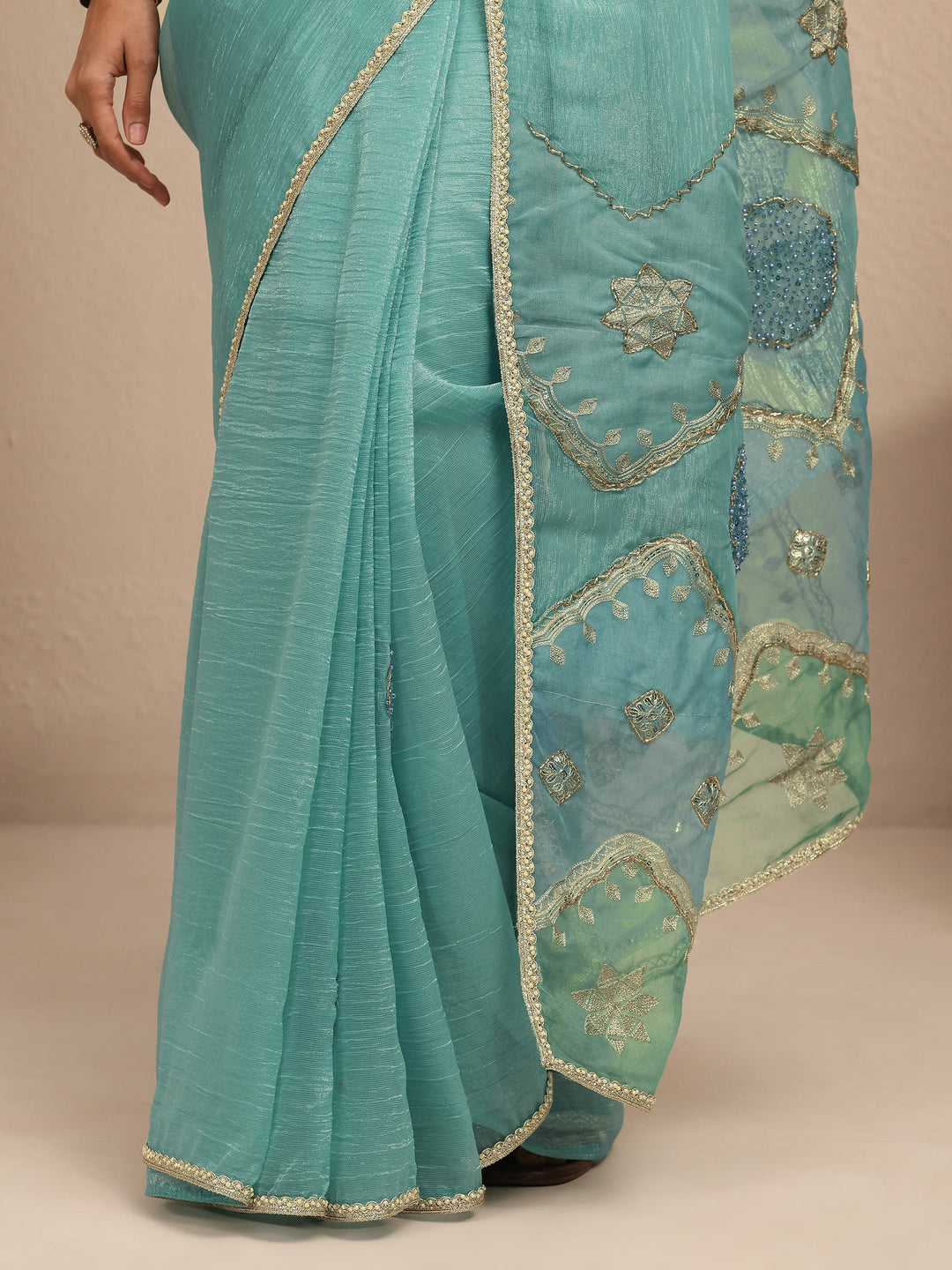  Blue Embellished Silk Blend Saree With Unstitched Blouse Piece 