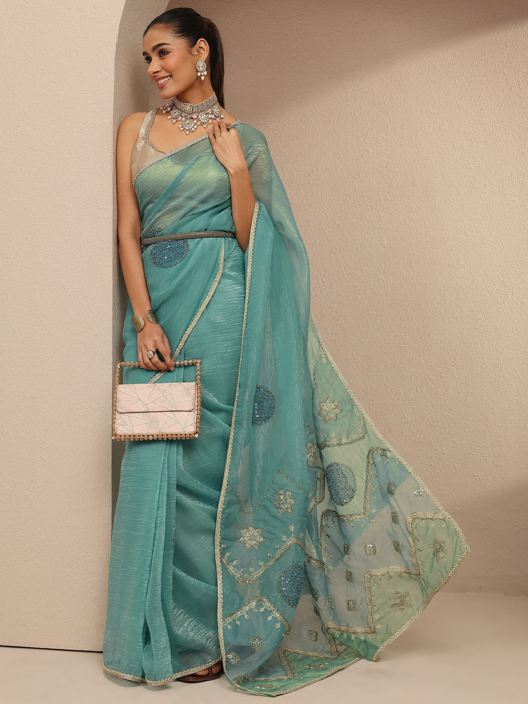  Blue Embellished Silk Blend Saree With Unstitched Blouse Piece 