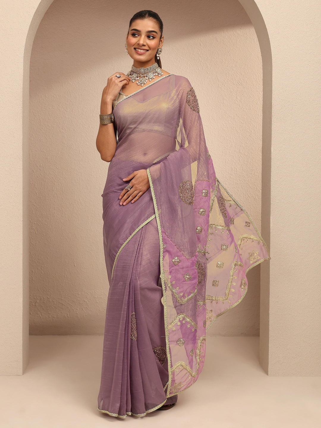  Lavender Embellished Silk Blend Saree With Unstitched Blouse Piece 