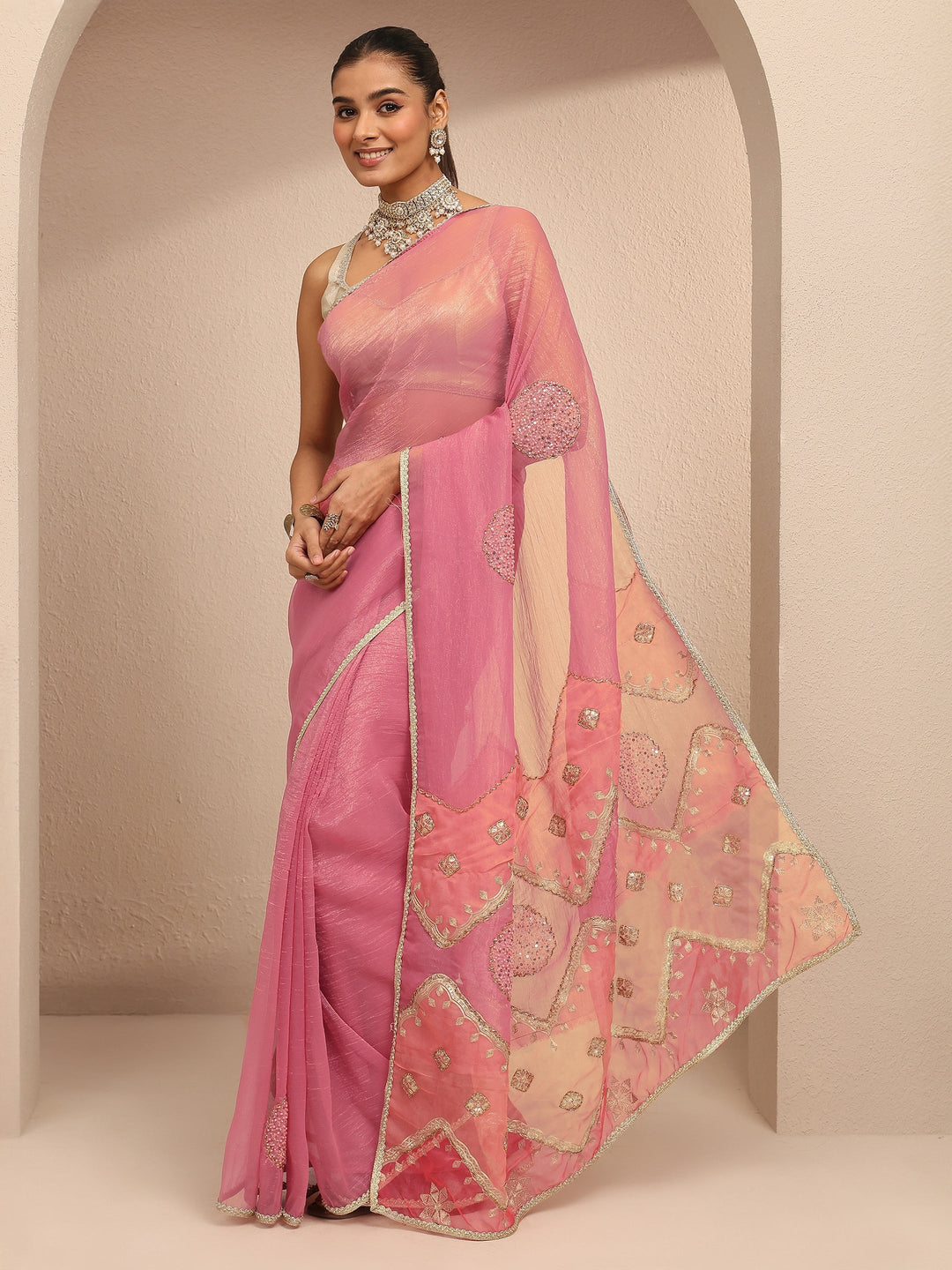  Peach Embellished Silk Blend Saree With Unstitched Blouse Piece 