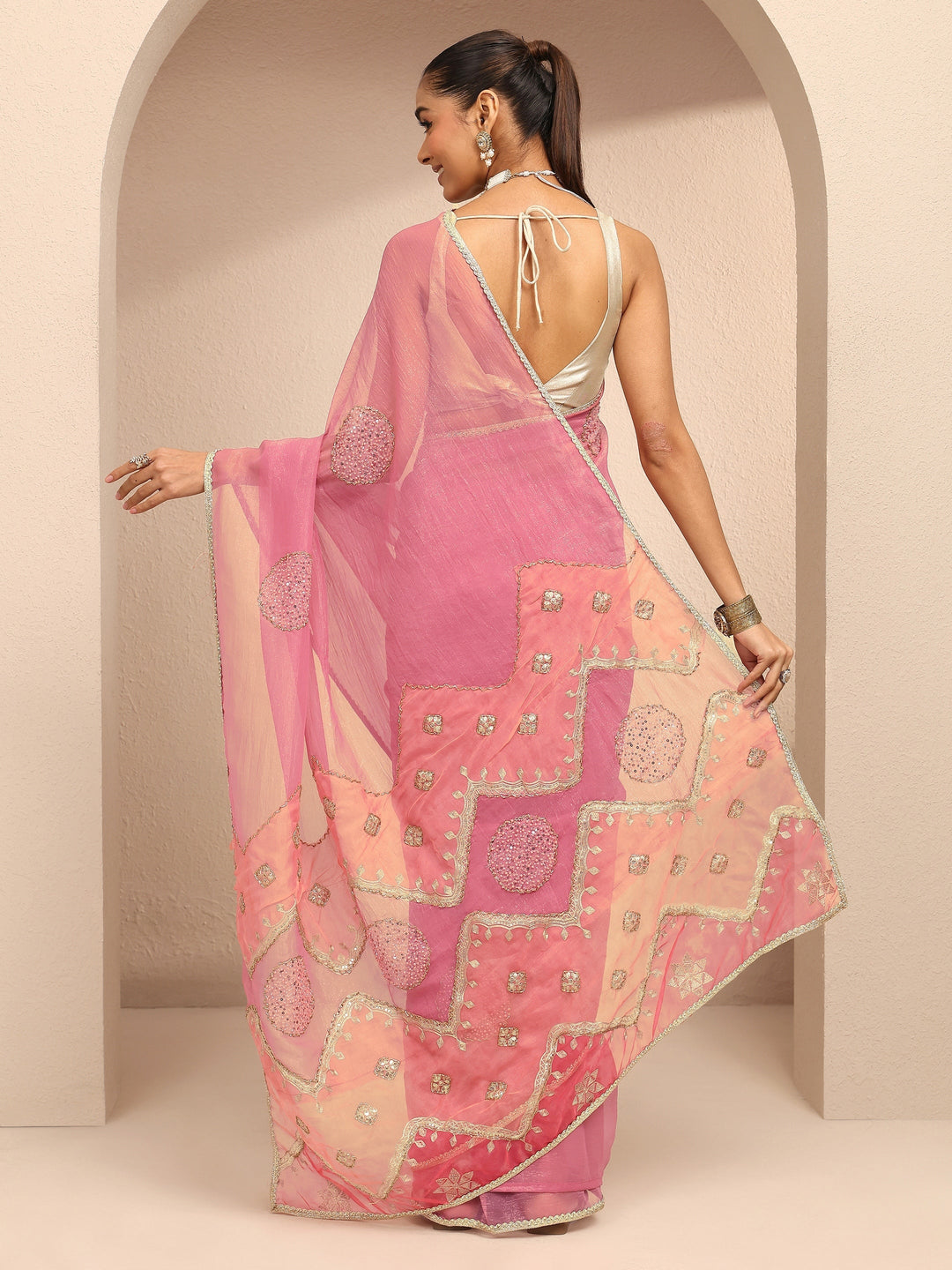  Peach Embellished Silk Blend Saree With Unstitched Blouse Piece 