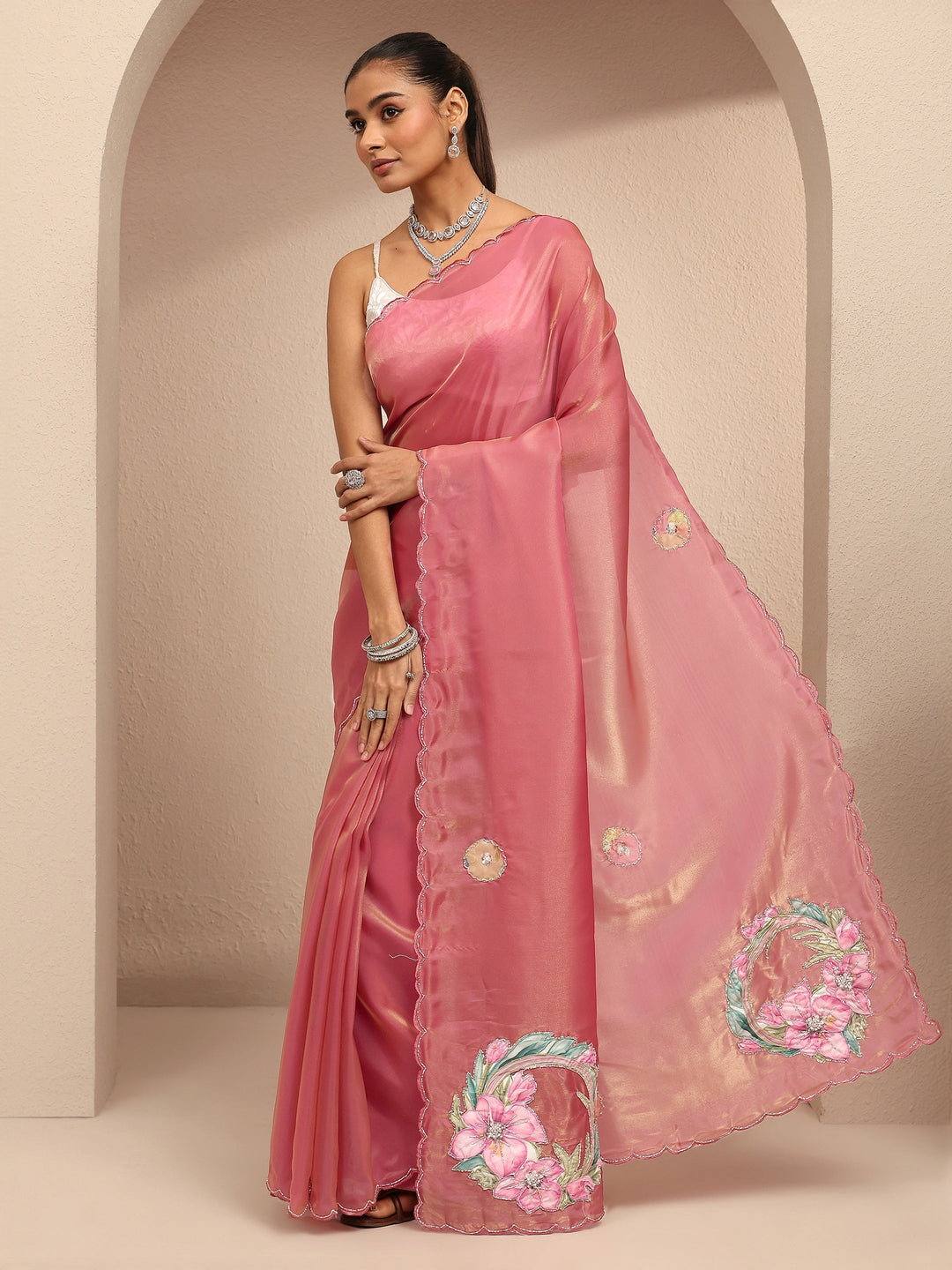 Pink Embellished Silk Blend Saree With Unstitched Blouse Piece 