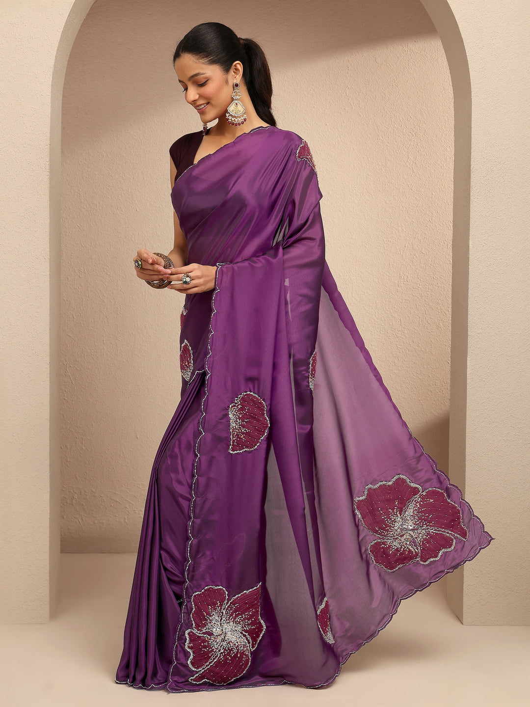  Burgundy Embellished Silk Blend Saree With Unstitched Blouse Piece 