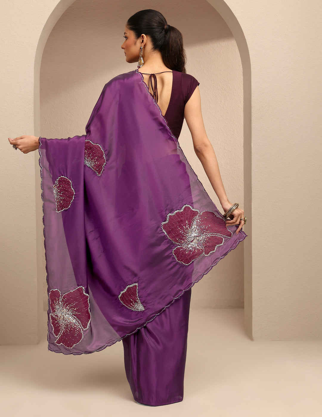  Burgundy Embellished Silk Blend Saree With Unstitched Blouse Piece 