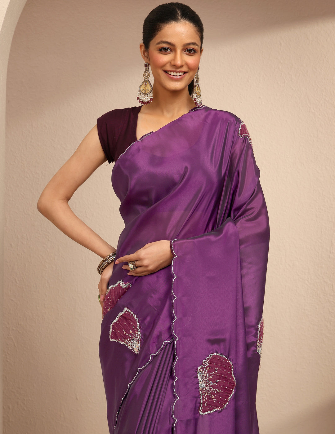  Burgundy Embellished Silk Blend Saree With Unstitched Blouse Piece 