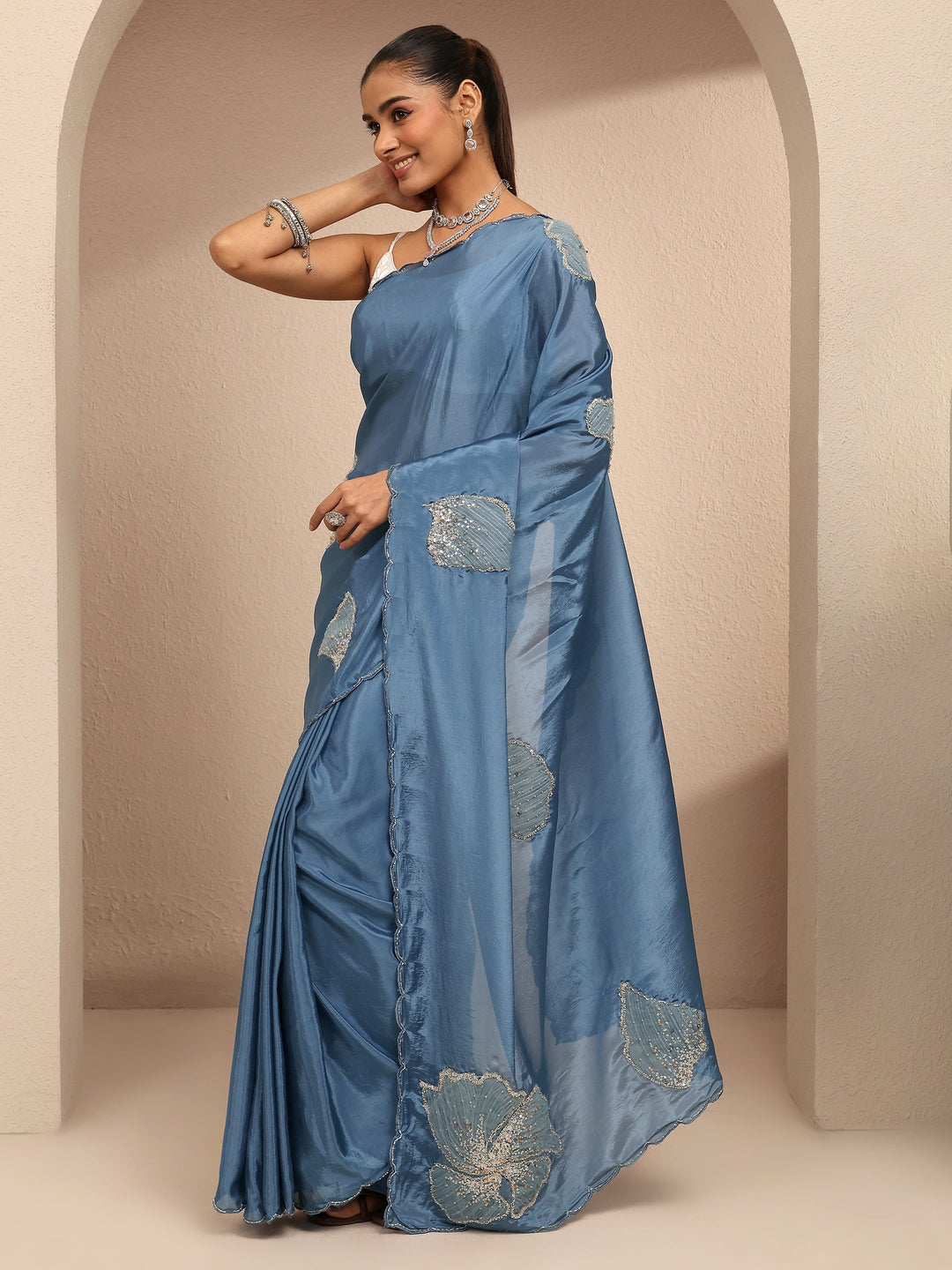  Blue Embellished Silk Blend Saree With Unstitched Blouse Piece 