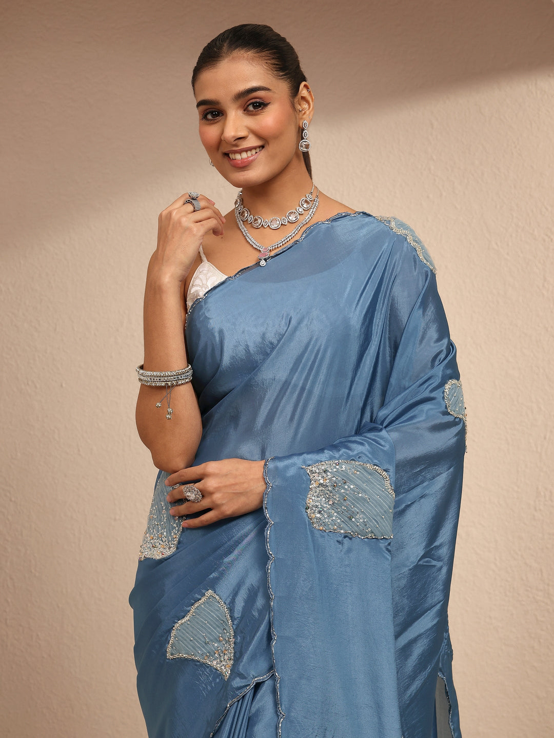  Blue Embellished Silk Blend Saree With Unstitched Blouse Piece 
