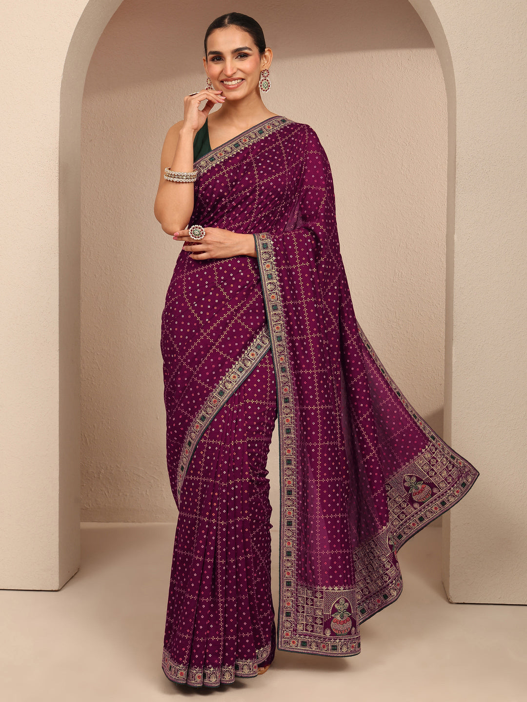  Maroon Bandhani Printed Silk Blend Saree With Unstitched Blouse Piece 