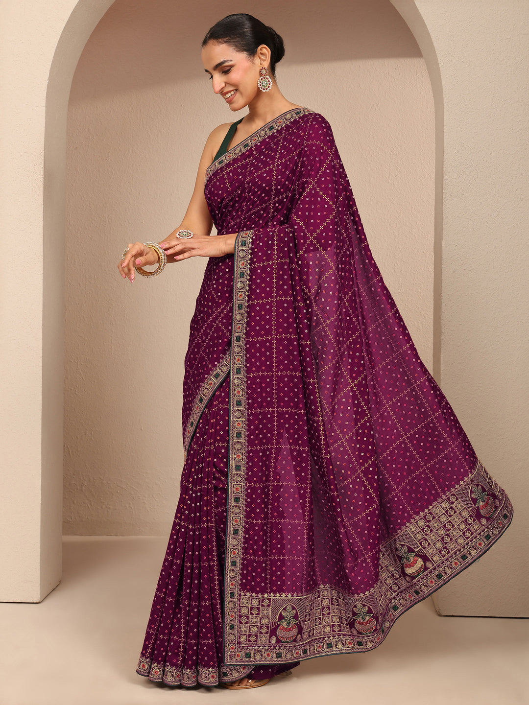  Maroon Bandhani Printed Silk Blend Saree With Unstitched Blouse Piece 