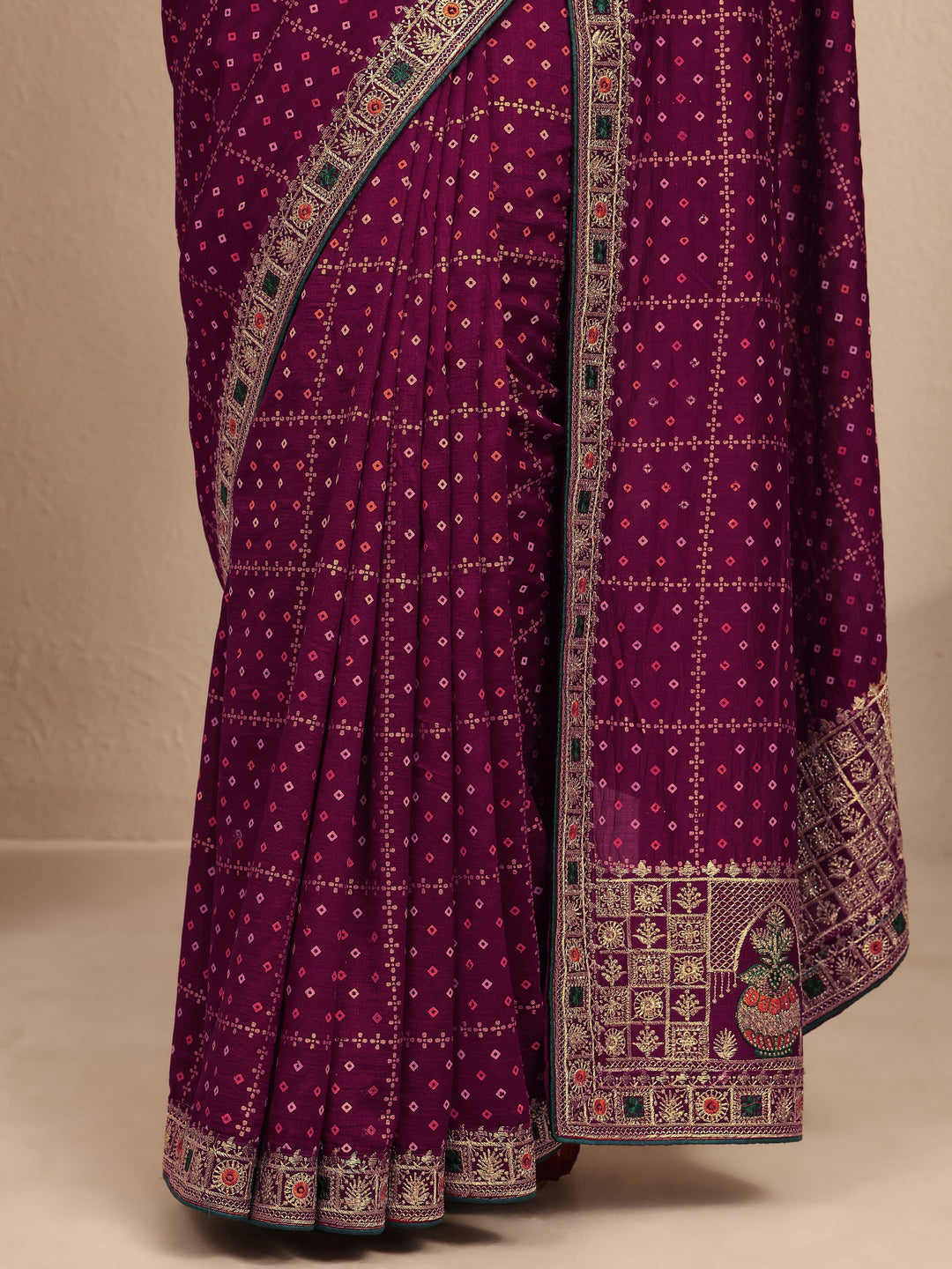  Maroon Bandhani Printed Silk Blend Saree With Unstitched Blouse Piece 