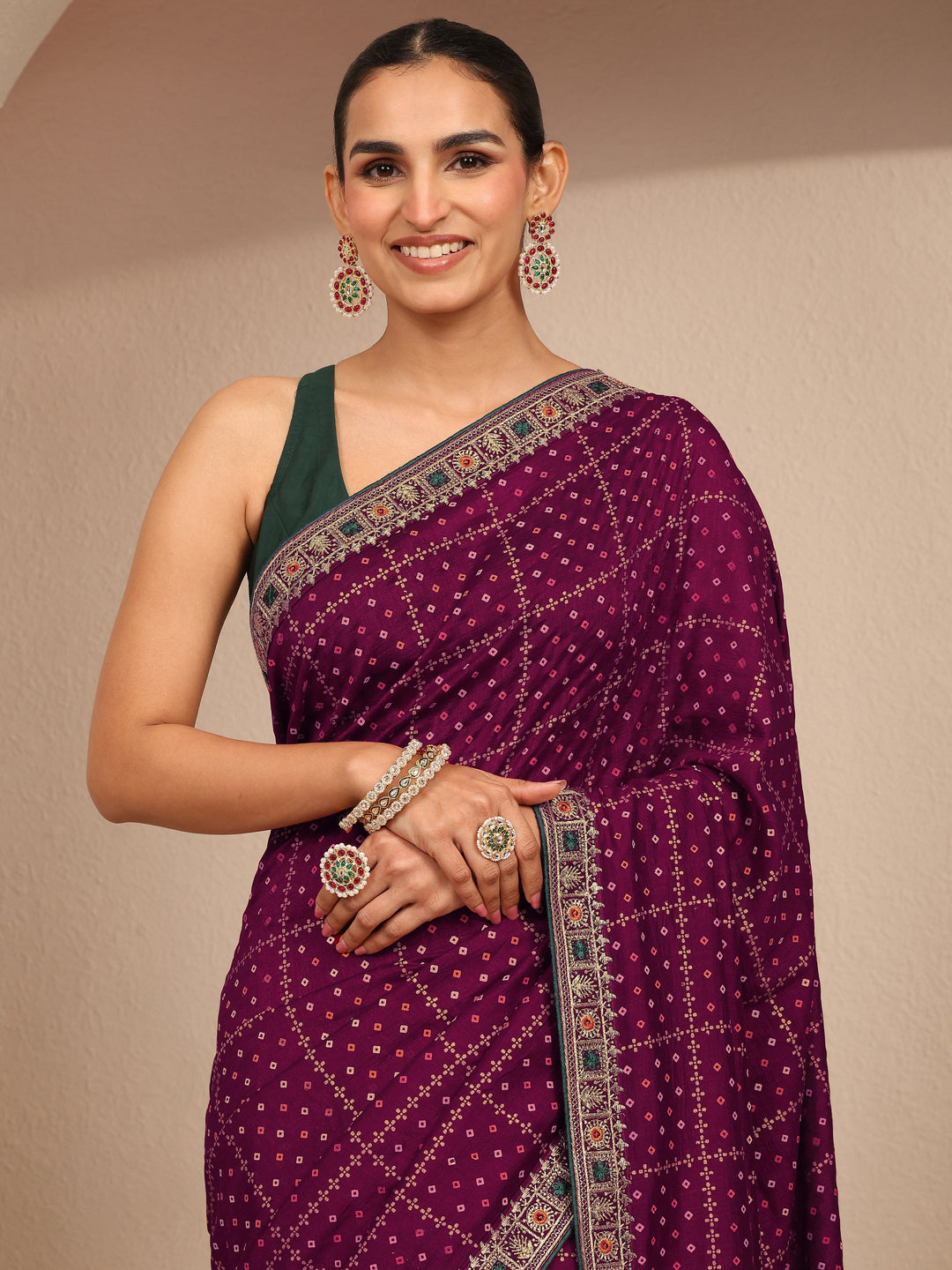  Maroon Bandhani Printed Silk Blend Saree With Unstitched Blouse Piece 