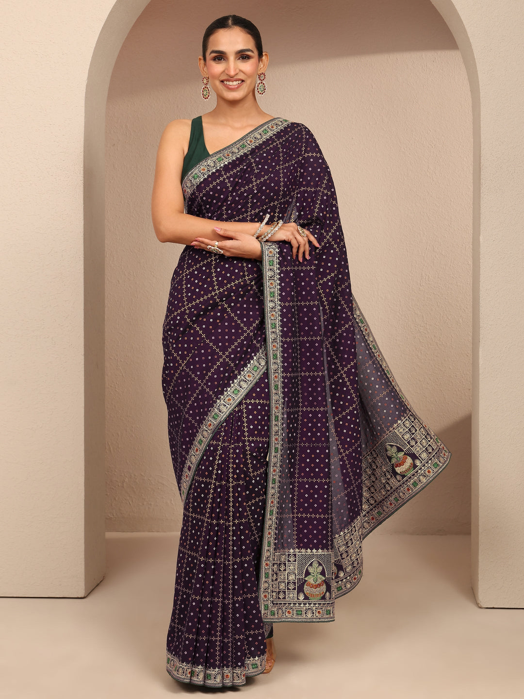  Burgundy Bandhani Printed Silk Blend Saree With Unstitched Blouse Piece 
