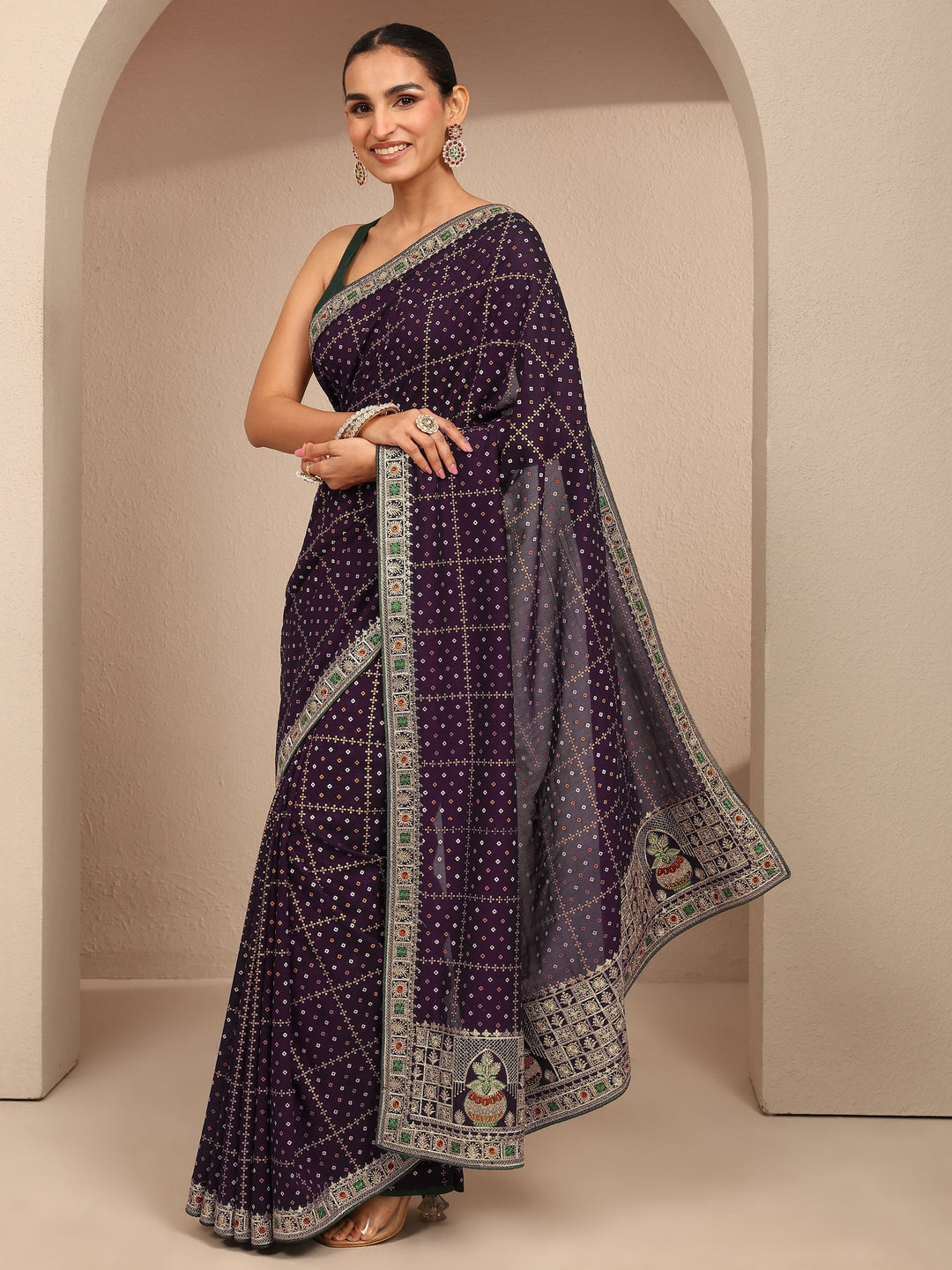  Burgundy Bandhani Printed Silk Blend Saree With Unstitched Blouse Piece 