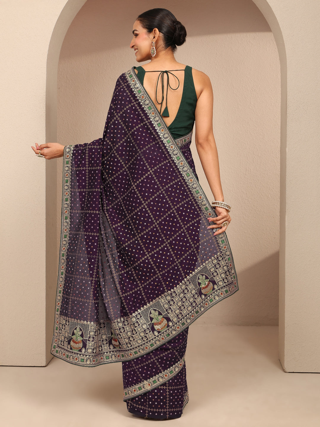  Burgundy Bandhani Printed Silk Blend Saree With Unstitched Blouse Piece 