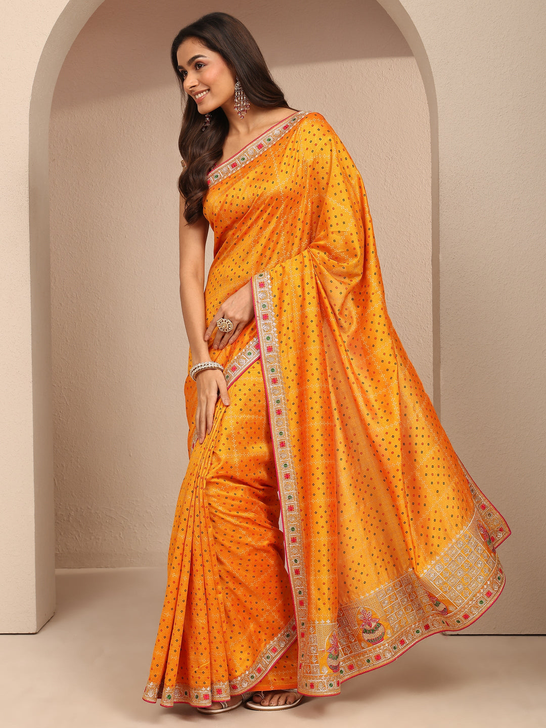  Mustard Bandhani Printed Silk Blend Saree With Unstitched Blouse Piece 