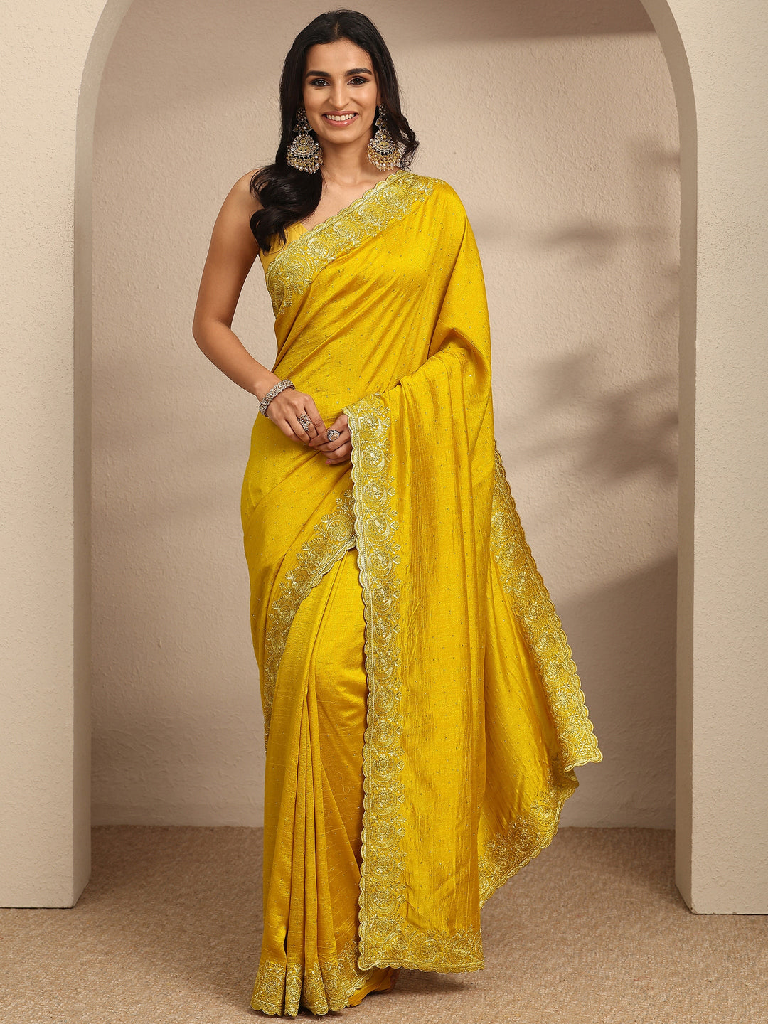  Mustard Embellished Silk Blend Saree With Unstitched Blouse Piece 