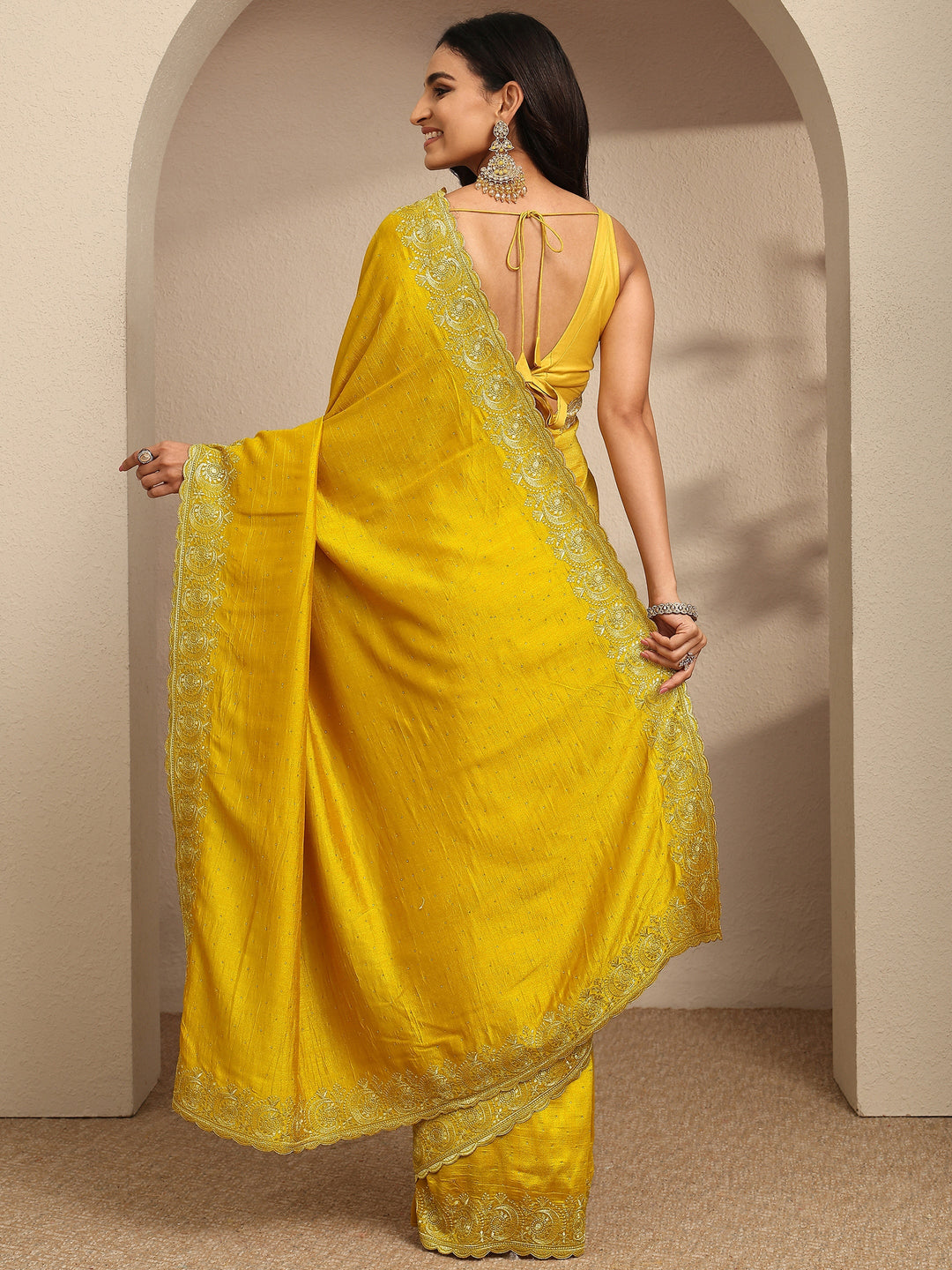  Mustard Embellished Silk Blend Saree With Unstitched Blouse Piece 